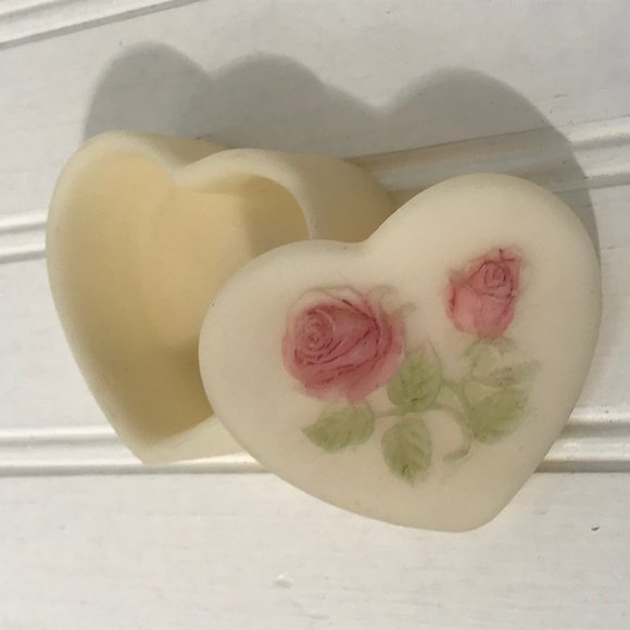 Vintage Soapstone Heart Shaped Trinket Box Roses